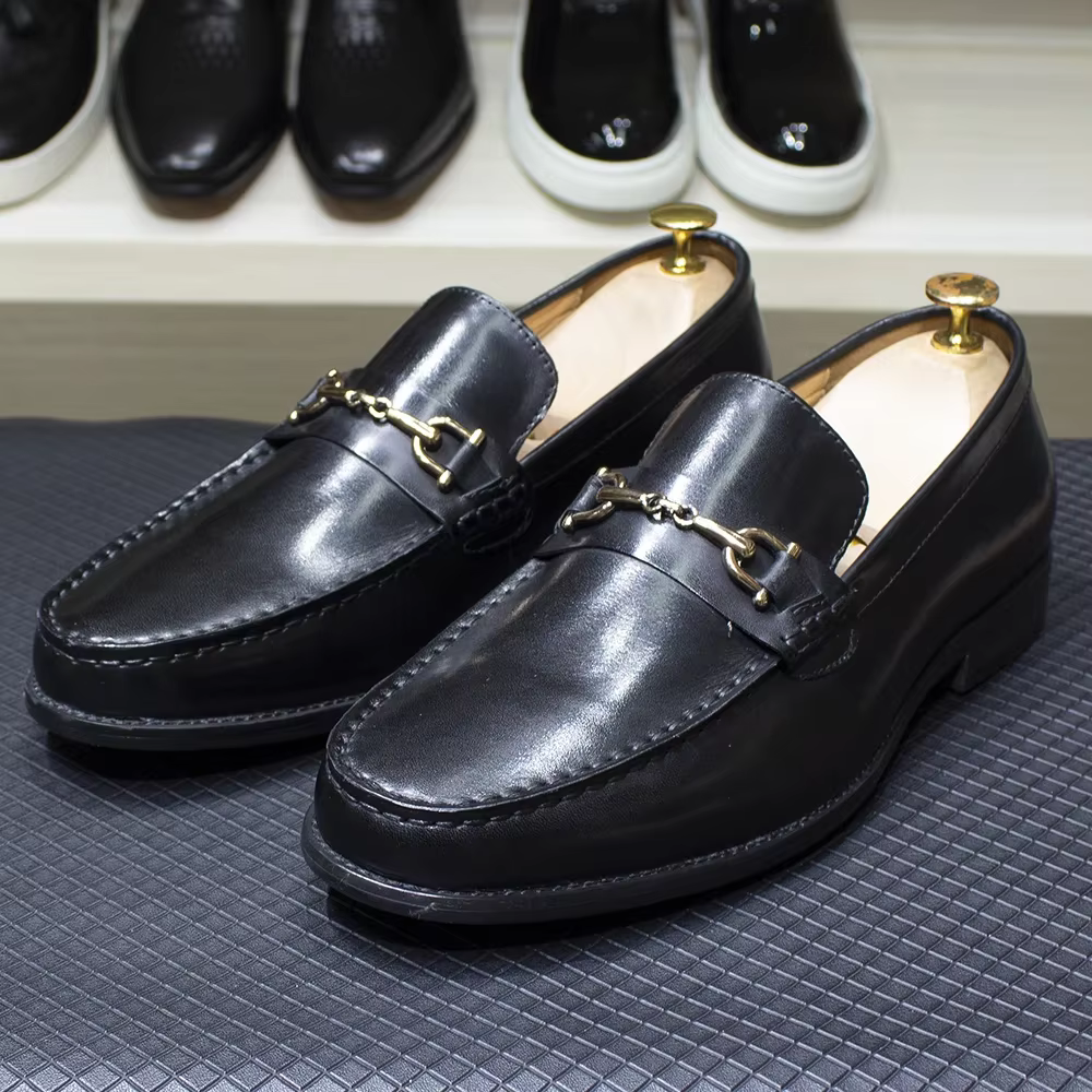 Mocassins en métal de style italien classique pour hommes, cuir véritable, chaussures provoqué à enf