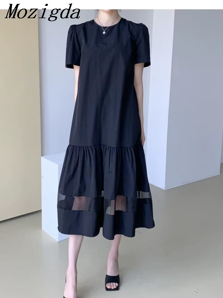 Robe mi-longue en dentelle noire pour femmes, pull plissé à volants, robes de bureau décontractées p