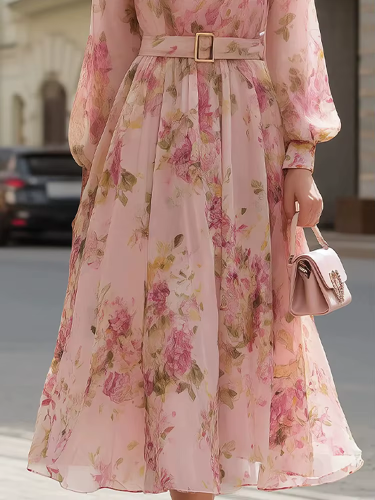 Robe longue chic à imprimé patchwork pour femme, manches bouffantes, col rond, idéale pour les fêtes