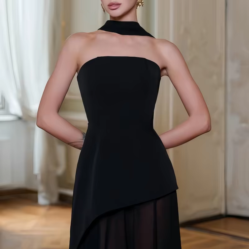 Robe de soirée élégante sans bretelles avec corset, jupe asymétrique en mousseline et châle – Robe d