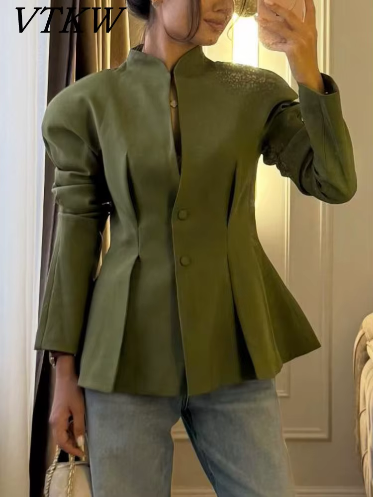 VTKW 2026 Nouvelle veste de bureau ajustée pour femme, col montant, découpe en goutte d'eau, épaules