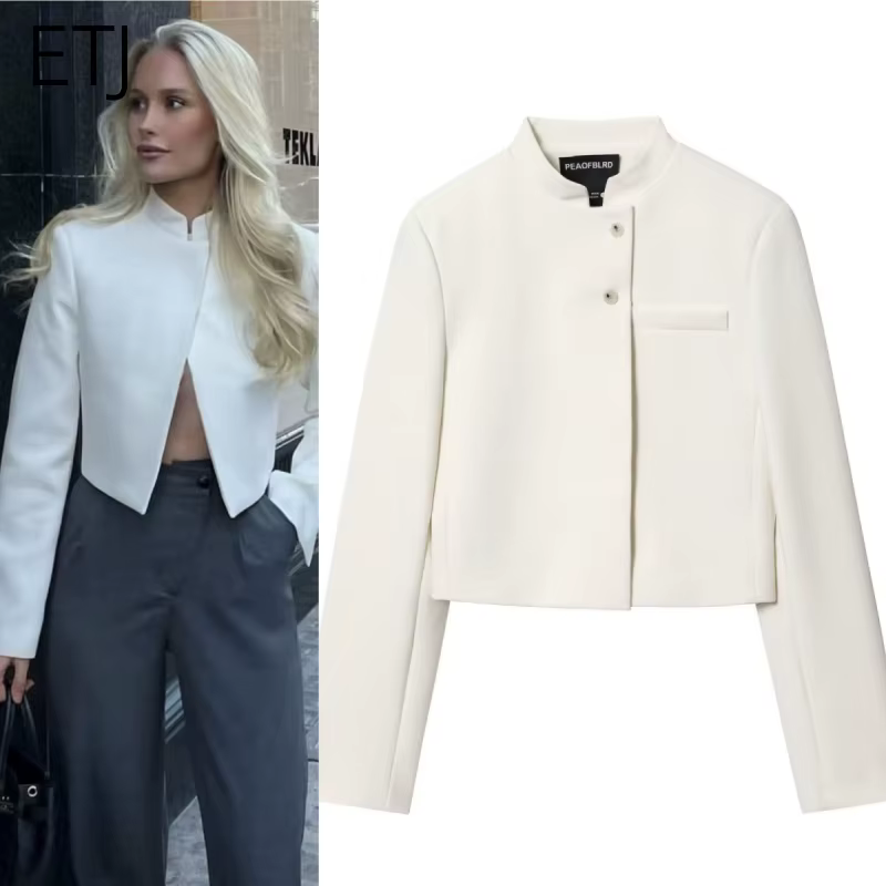 ETJ 2025 automne hiver nouveau professionnel femmes simple mode blanc court trajet col zhongshan cos