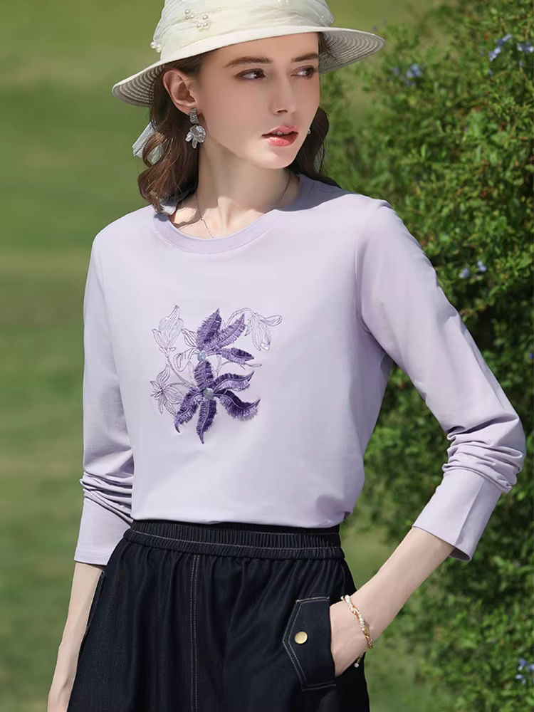 I BELIEVE YOU T-shirt à manches longues lilas pour femme, collection Printemps 2026, avec broderie f