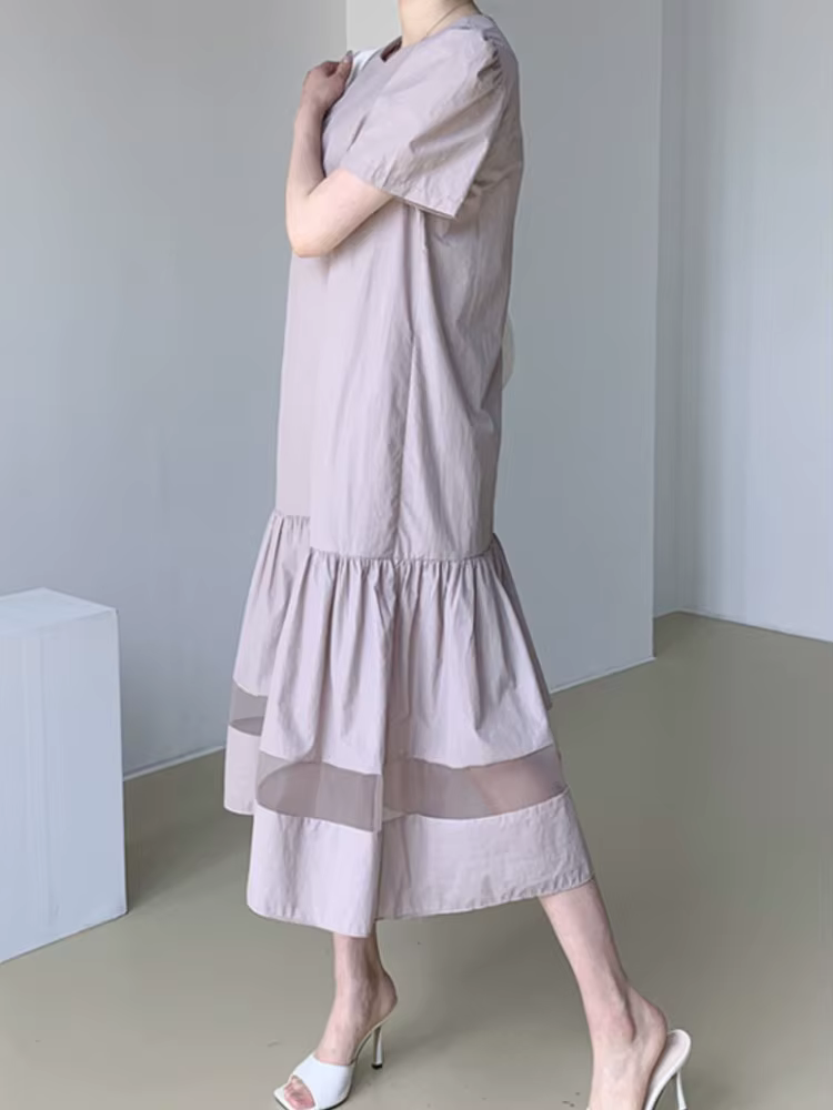 Robe mi-longue en dentelle noire pour femmes, pull plissé à volants, robes de bureau décontractées p