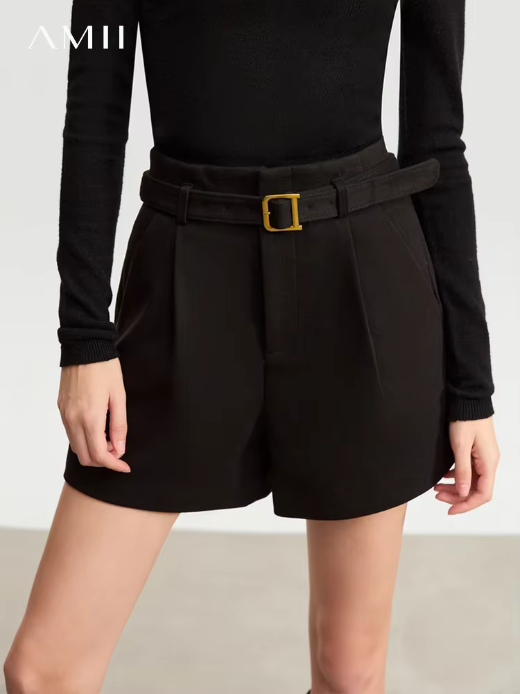 AMII-Short Vintage Minimaliste pour Femme, Pantalon Droit avec Ceinture, Couleur Unie, Nouvelle Coll
