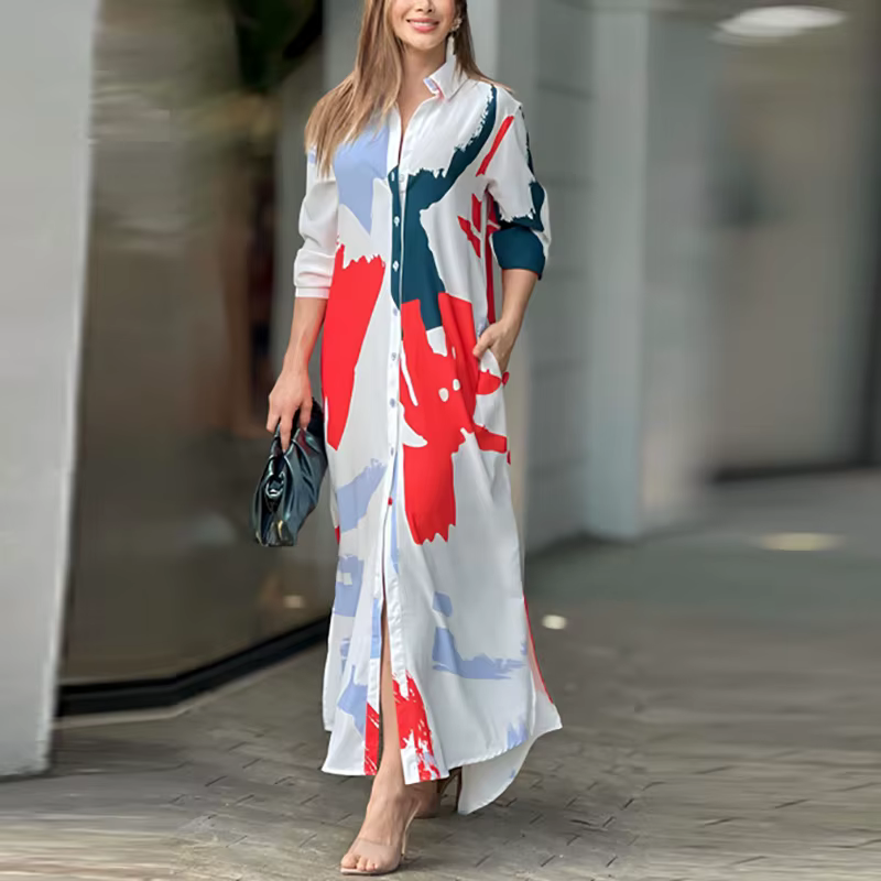 Robe Longue à Col Rabattu pour Femme, Chemise à lèvent, Robes de Soirée Imprimées avec Poches, Autom