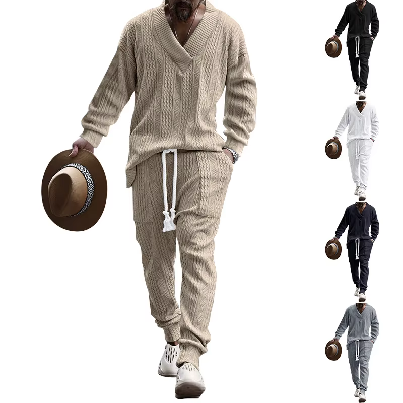 Ensemble pull tricoté en Jacquard polyvalent pour hommes, pantalon décontracté, col en v, nouvelle c