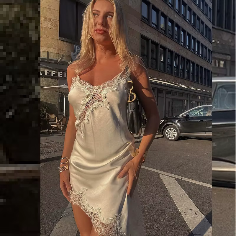 HXAO Slip femmes robes sans manches robe en dentelle noire femme asymétrique robes de soirée élégant
