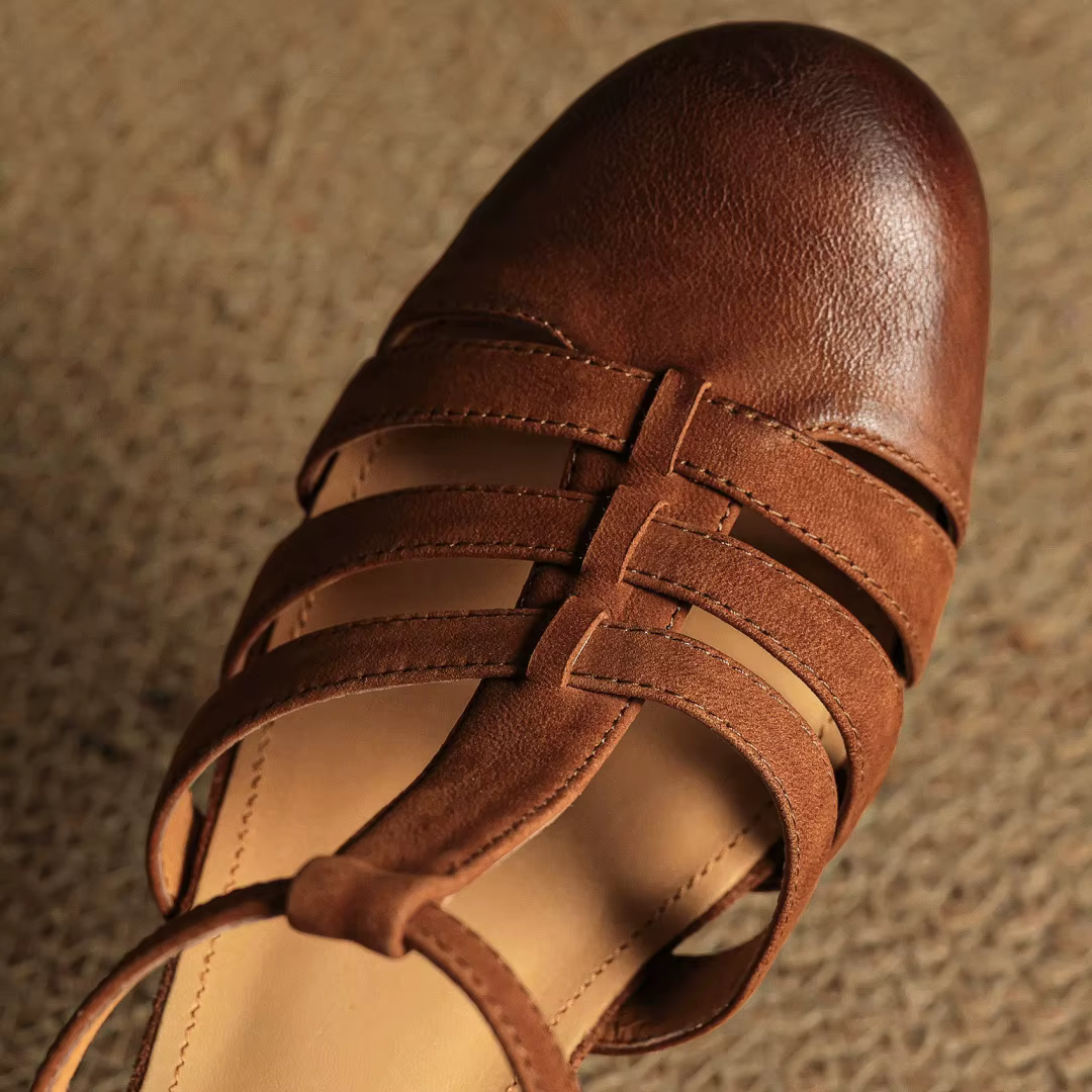 Danxuefei femmes en cuir de vache bande étroite tressé t-strap sandales 5 cm d'épaisseur med talon d