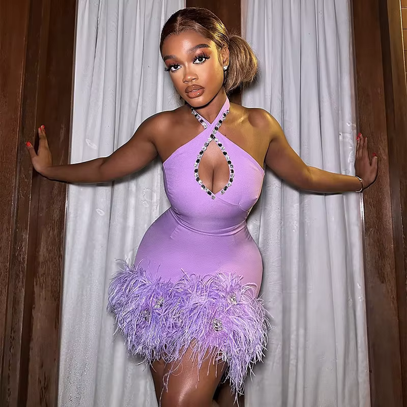 Robe à bandes élégante pour femmes, plumes Sexy, ajouré, vêtements de soirée en boîte de nuit