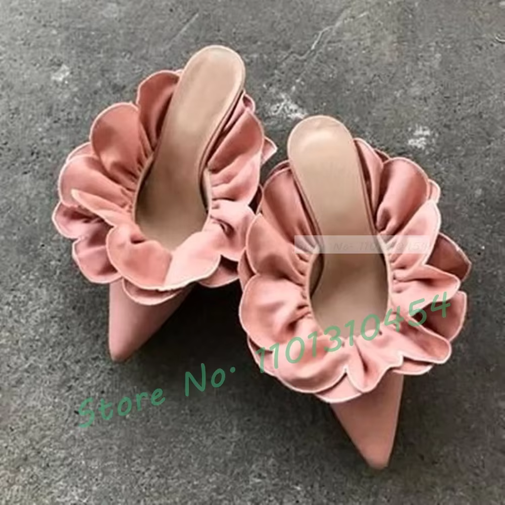 Mules à talons bas à volants verts pour femmes, fleur douce, design rond, chaussures pointues magnif