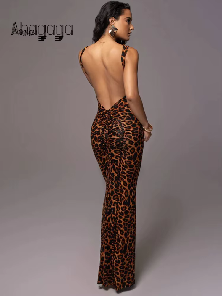 Ahagaga-Robes Maxi Imprimé Léopard pour Femme, Robes Éducatives Élégantes, Dos aux, Régulière, Décon