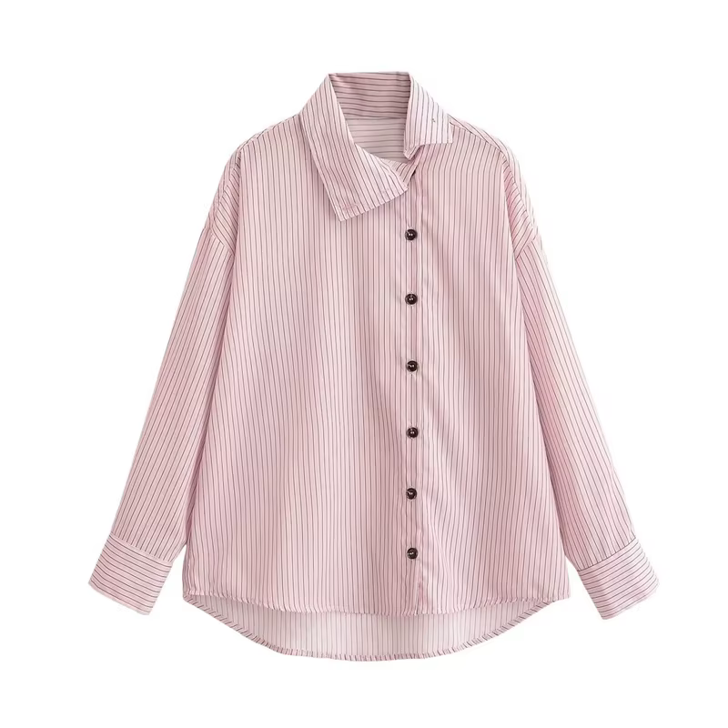 Chemise Femme Printemps 2026 Nouveau Style Rose Rayée Manches Longues Col Montant Boutonnage Simple 