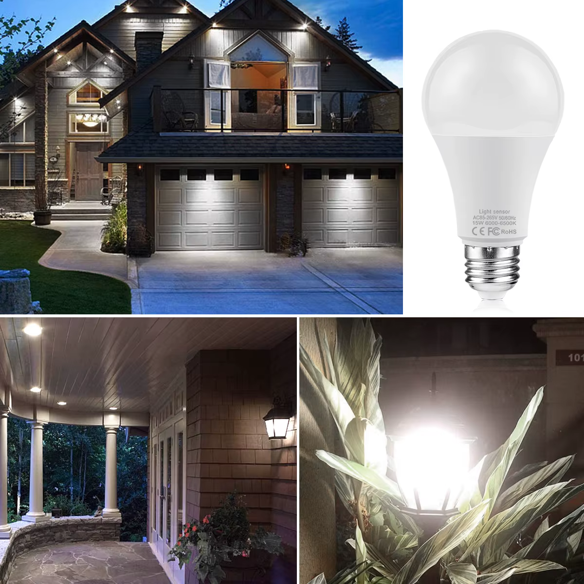 Ampoule LED avec capteur de lumière E27, 15W, crépuscule à l'aube, interrupteur marche/arrêt automat