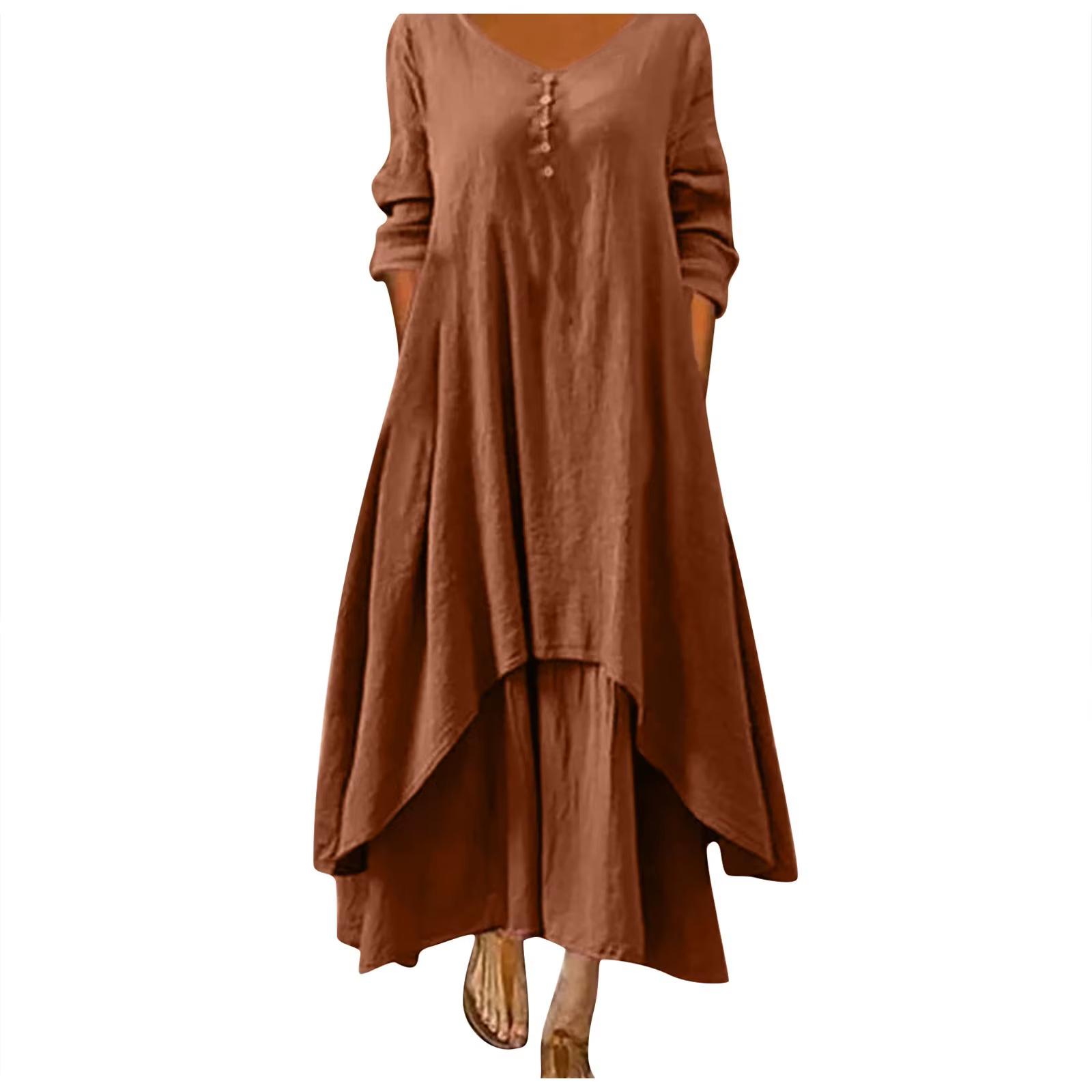Robe longue en coton pour femmes, décontractée, à la mode, avec boutons, couleur unie, pour document