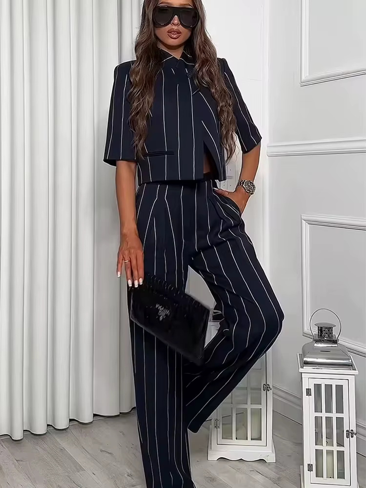 TFMLN Ensemble deux pièces élégant pour femme, pantalon à rayures imprimées, style décontracté et ch