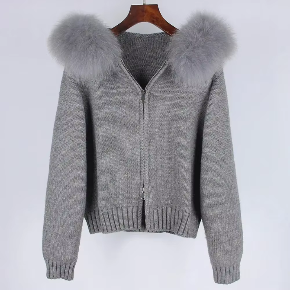 Veste courte tricotée avec manteau en fourrure naturelle pour femme, manteau décontracté à capuche, 