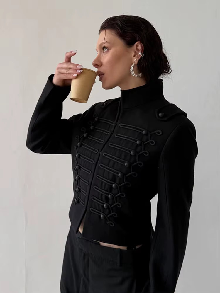 Veste Napoléon Chic pour Femme à Manches Longues, Col Montant et Boutons Cachés – Manteau Féminin Te