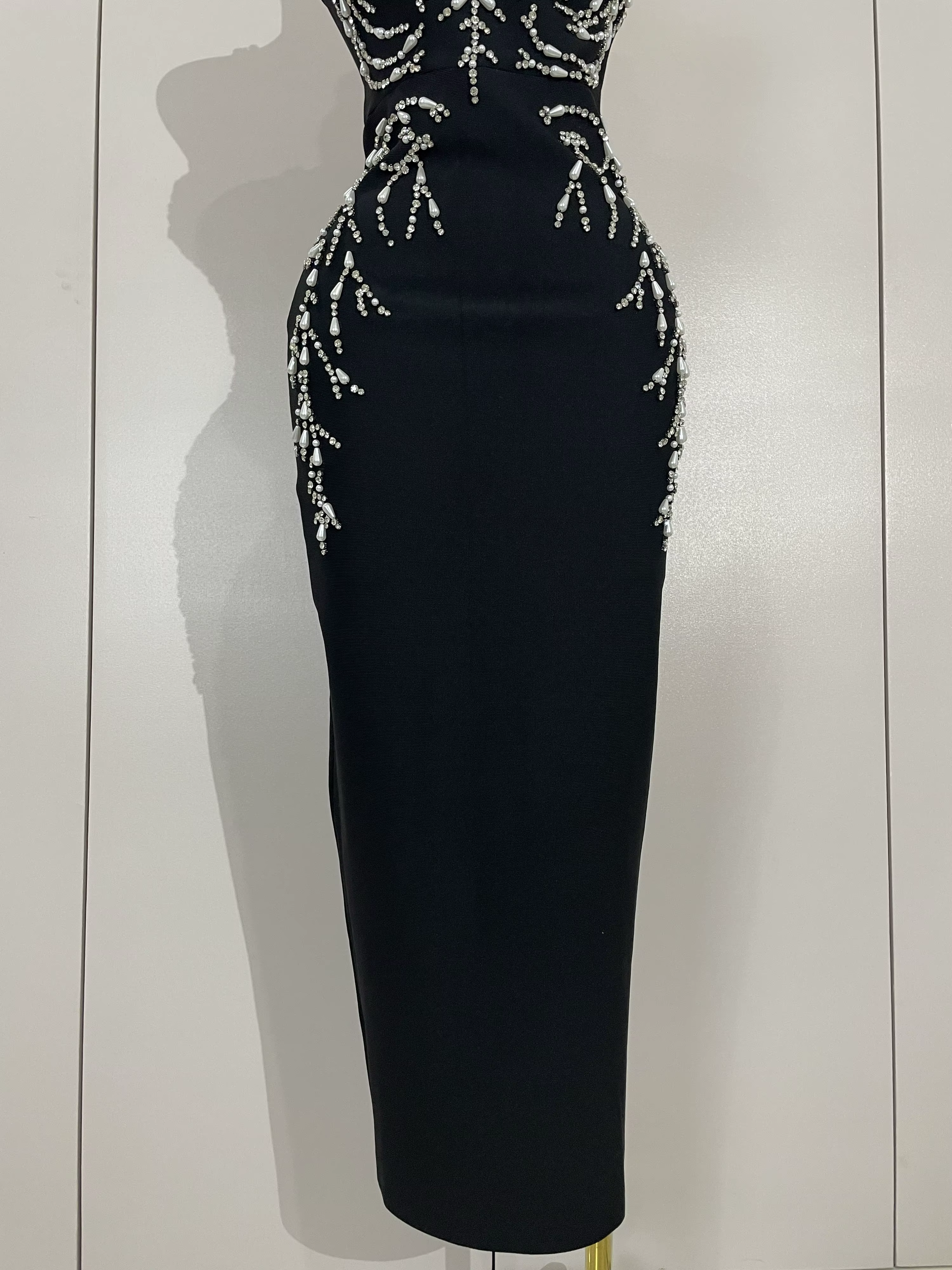 2025 Nouveau Sexy Dos Nu Noir Perles Longue Moulante Bandage Robe Femmes Célébrité Élégant Soirée Cl