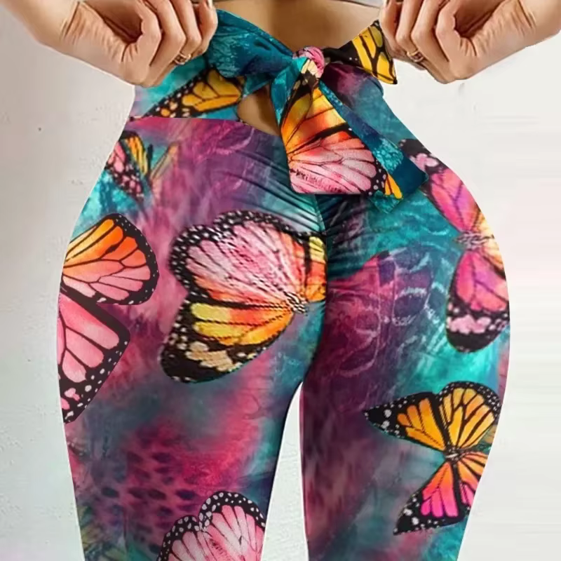 Taille haute Sexy papillon imprimé Leggings nœud Yoga pantalon nœud pansement collants femmes bout à