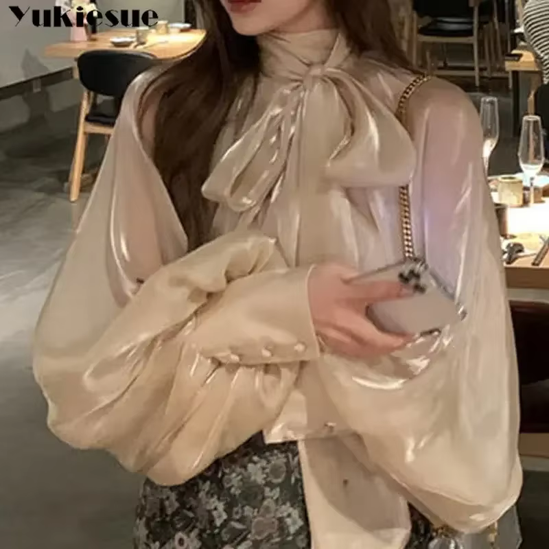 Printemps automne femmes hauts à la mode nouvelles chemises lanterne manches col montant solide déco