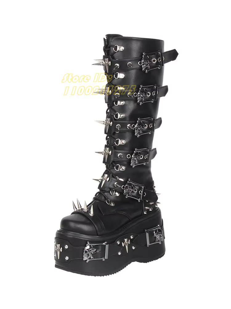 Bottes hautes à rivets et lanières, style punk, talon épais, fermeture éclair, bout rond, plateforme