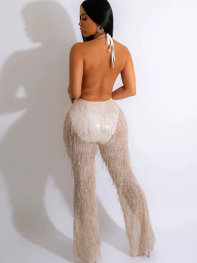 Barboteuse à paillettes pour femmes, combinaison Sexy à paillettes, dos nu, salopette en maille tran