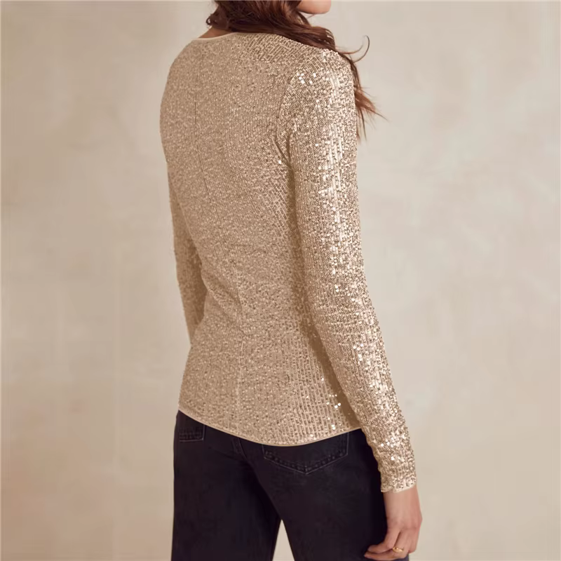 Haut court à manches longues pailletées pour femmes, col rond, paillettes brillantes, t-shirt de soi
