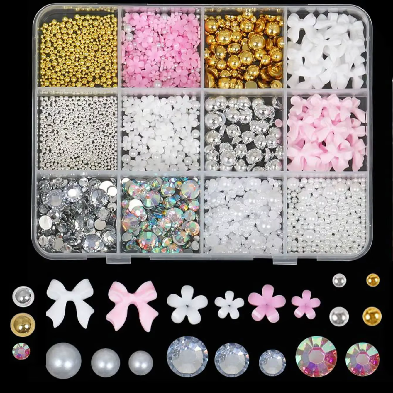 12 grilles 3D résine mixte arc/étoile/lune breloques pour ongles ruban, fleur, perle simulée Nail Ar