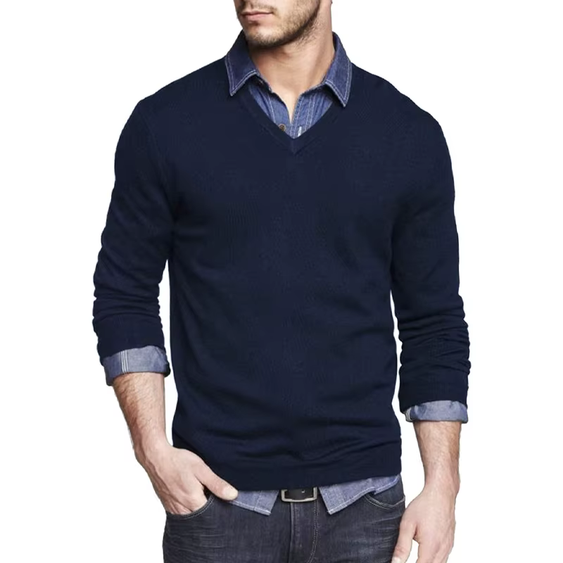 Pull à manches longues et col en V pour hommes, coupe cintrée, en tricot, robe légère, pull décontra
