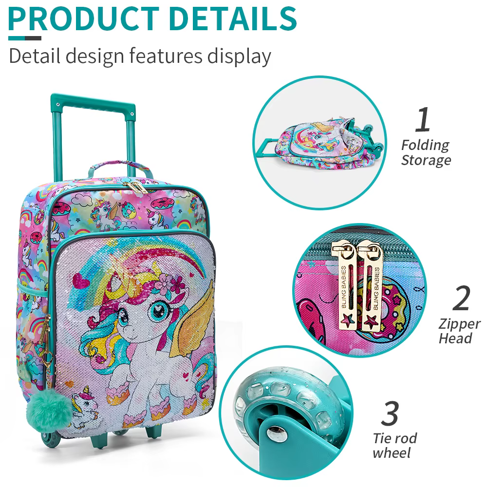 Valise de voyage à roulettes pour enfants, valise à main verte, design de dessin animé mignon et de