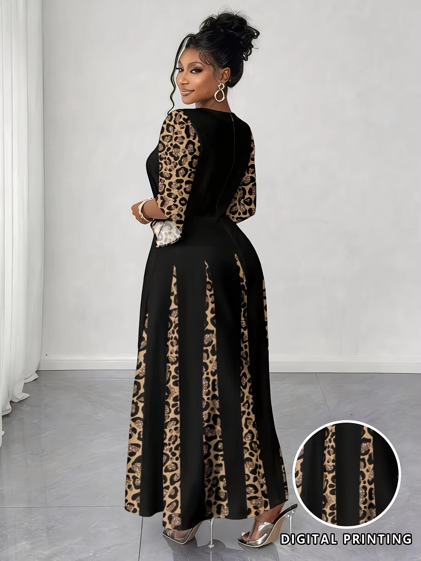 Robe maxi élégante à imprimé léopard, robe longue à manches longues tendance grande taille, vêtement