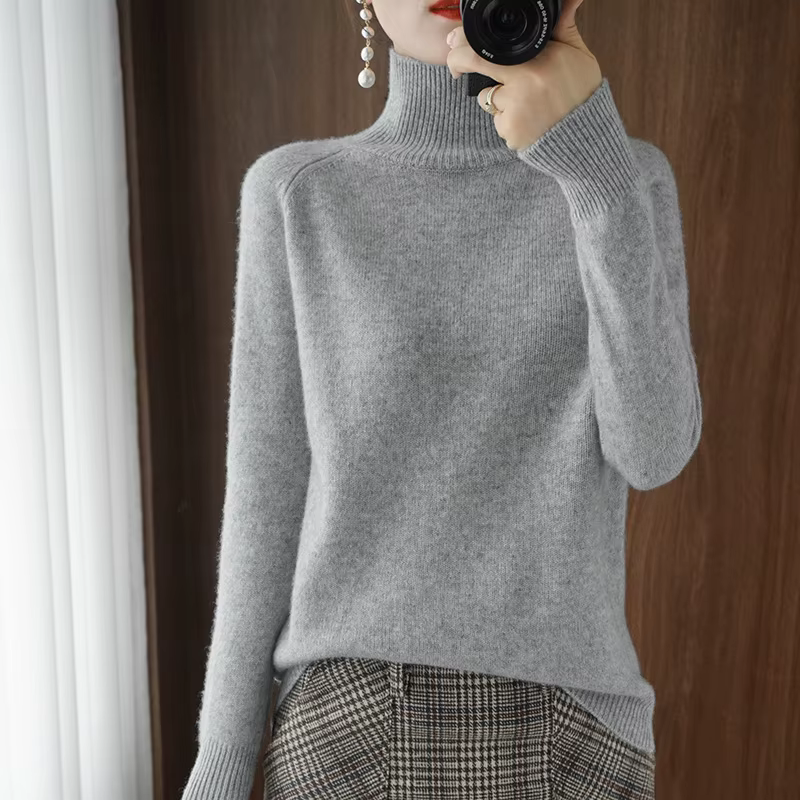 Automne hiver col montant laine mérinos pull basique décontracté pull en cachemire confort femmes ma