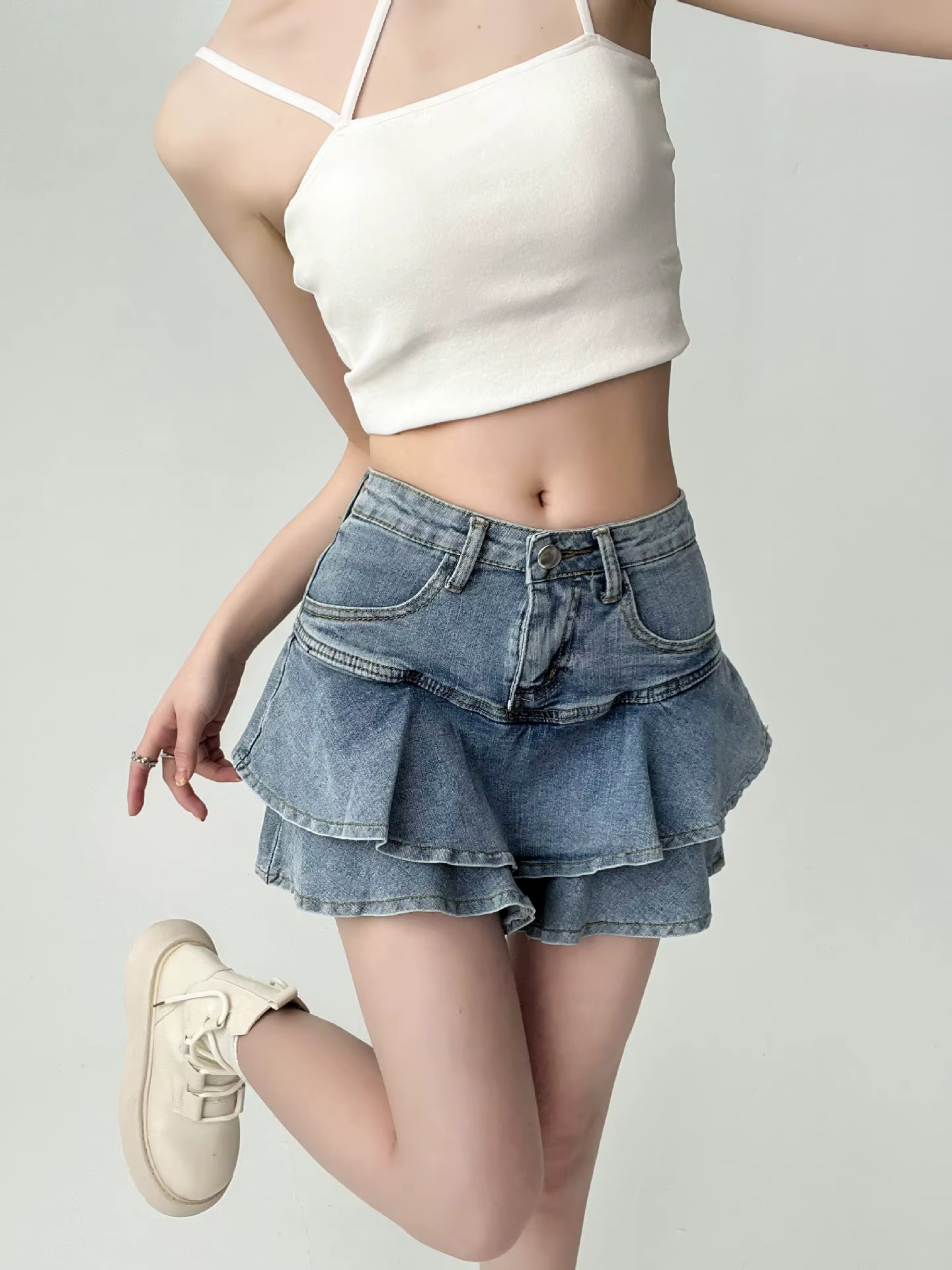 Spice Girls jupe en jean anti-dérapant Double jupe en jean femme extensible taille haute minceur a-l