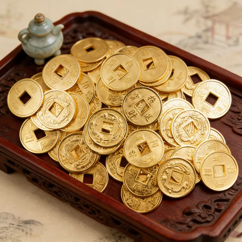 Vente en gros de pièces de monnaie chinoises anciennes Feng Shui dorées de 24/20 mm, porte-bonheur,