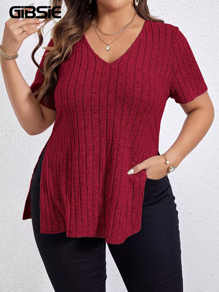 GIBSIE grande taille été col en V à manches courtes t-shirt femmes mode 2025 nouveau solide côtelé d