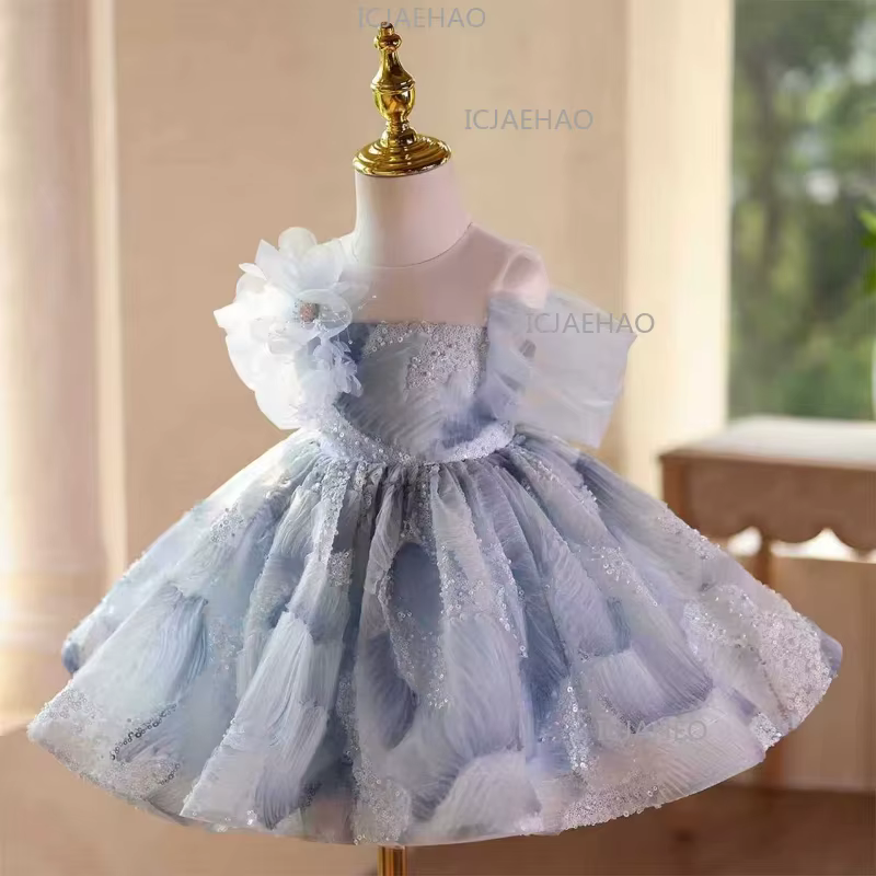 Robe de princesse élégante bleue à manches courtes pour filles 2026, robe de soirée formelle à sequi