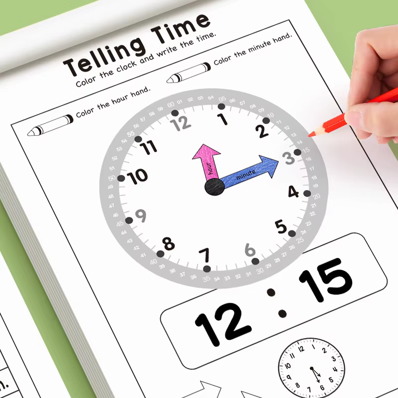 Cahier d'exercices pour enfants sur les concepts de temps d'apprentissage, adapté aux activités de l