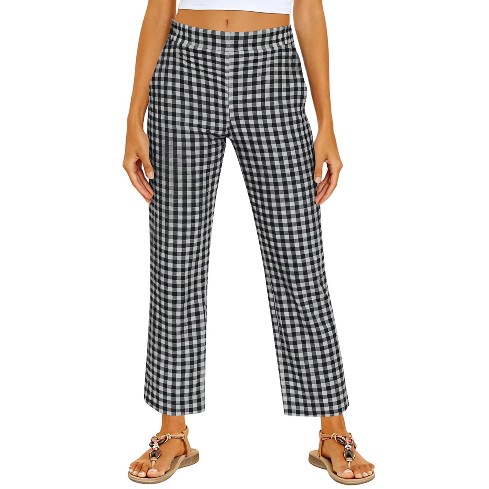 Pantalon décontracté à jambe droite à taille élastique en vichy pour femmes, à porter au quotidien,