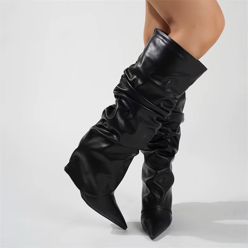Bottes hautes plissées en cuir noir pour femmes, chaussures à semelles compensées, Sexy, à bout poin