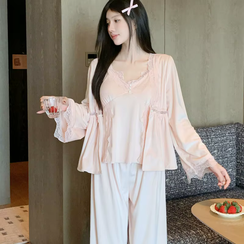 Femme 3 pièces Pyjamas ensemble vêtements de détente élégant Style cour française vêtements de nuit