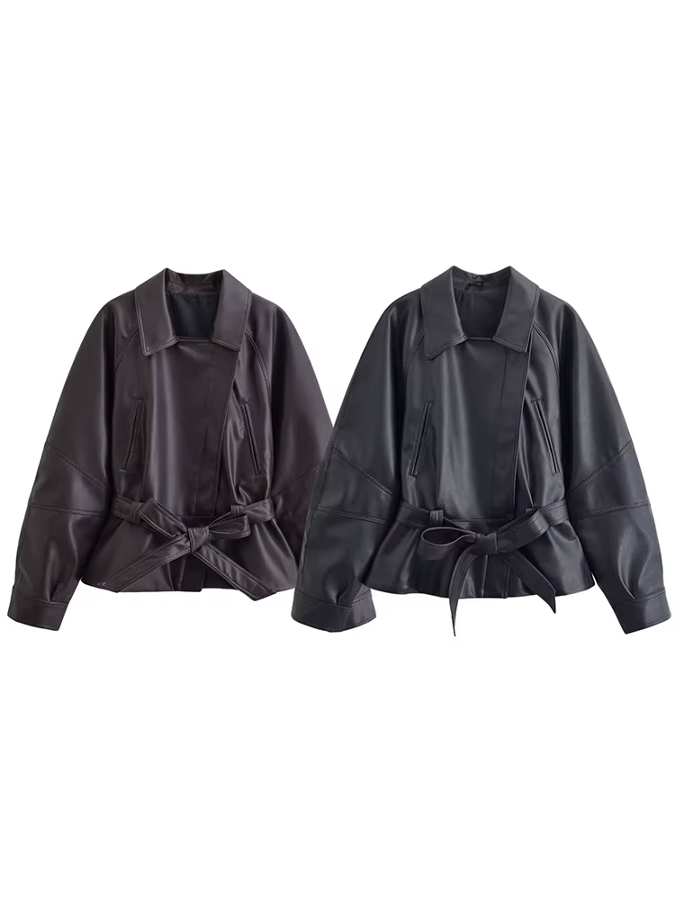 HH Spring Manteau court vintage pour femme en similicuir PU avec ceinture, à manches longues et col 
