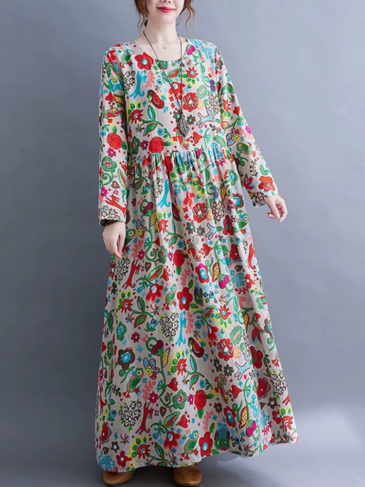 Robe Longue Femme en Coton Imprimé Floral Vintage à Manches Longues Printemps Automne 2026 – Décontr