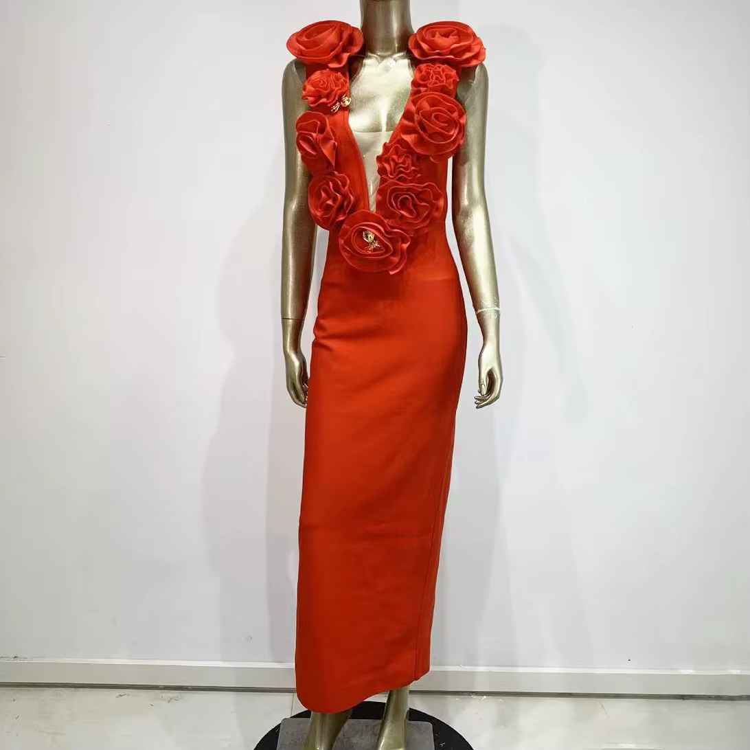 Robe moulante sexy en dentelle rouge 3D à manches longues pour femmes, robe de soirée élégante pour