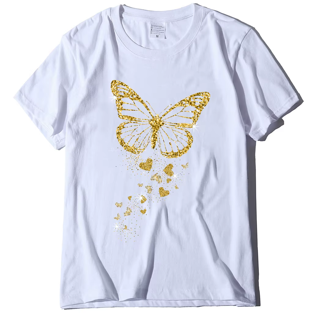 Papillon doré imprimé femmes t-shirt à manches courtes col rond femmes t-shirt dames t-shirt hauts v