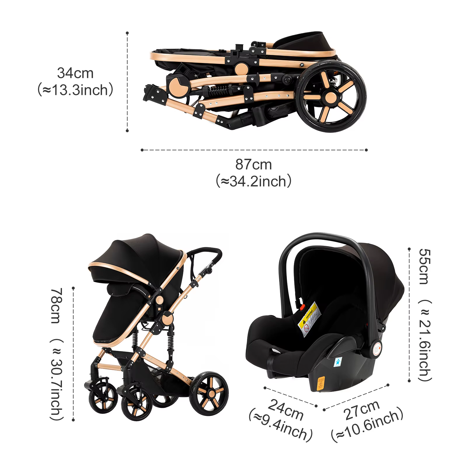 Poussette compacte 3 en 1, combos de poussette de siège d'auto, poussette de bébé multifonctionnelle