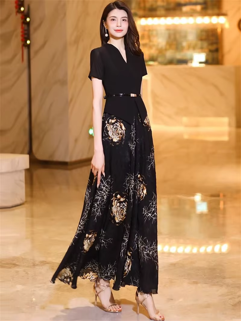 Robe d'été élégante à manches courtes, faux robe deux pièces haut de gamme, nouvelle mode imprimée, 