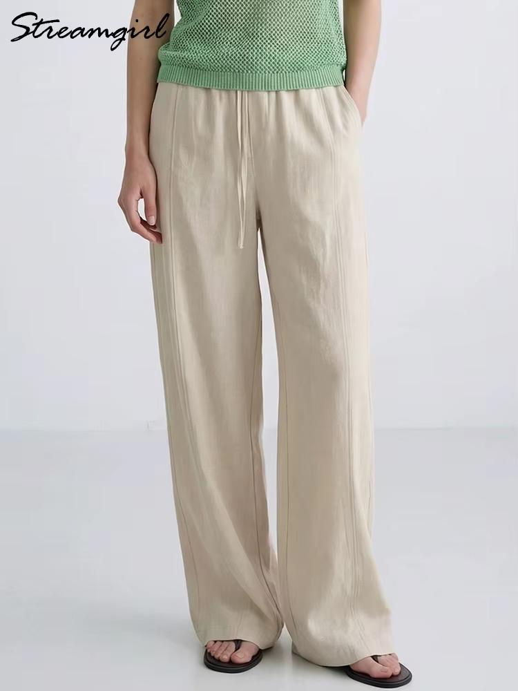 Pantalon d'été en coton pour femmes, coupe large, bleu, avec bande élastique, jambe droite, blanc, a