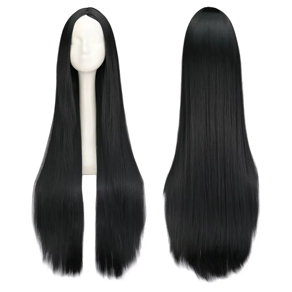 Perruque Synthétique Longue Noire de 100cm/40 ans, Cheveux Lisses, Degré de Chaleur, Costume de Carn