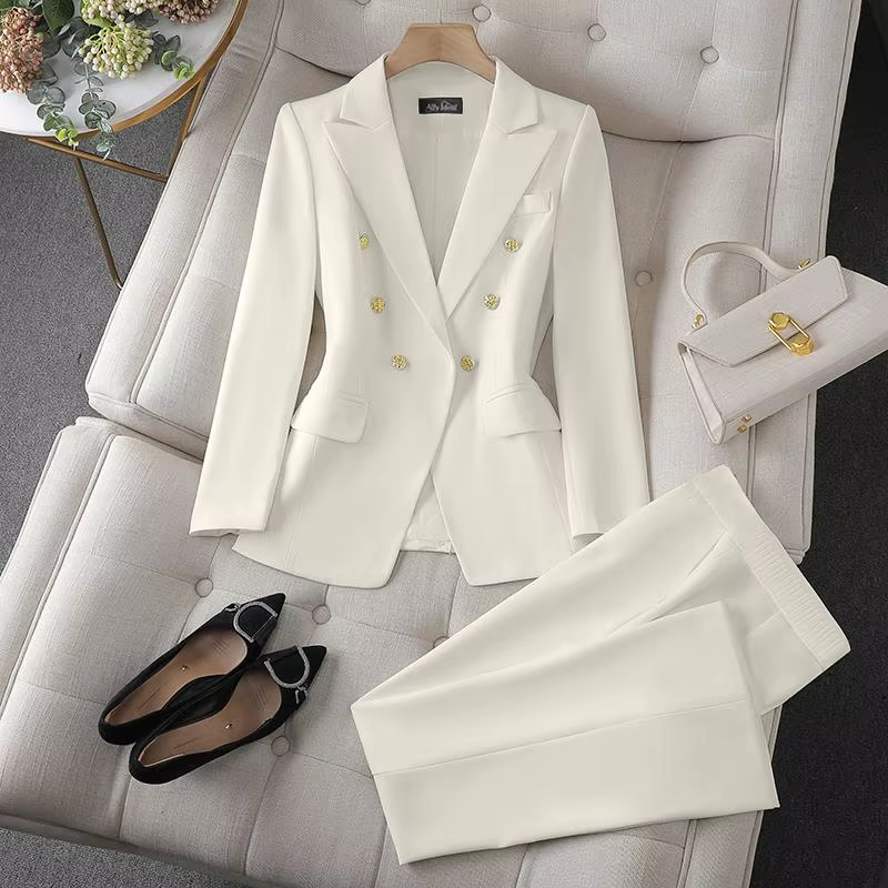 Ensemble 2 pièces de mode coréenne : Blazer à col rabattu et pantalon slim à manches longues pour fe